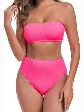 Bandeau Bikini Set with High-Waisted Bottoms and Lace-Up Top w/ Removable Straps